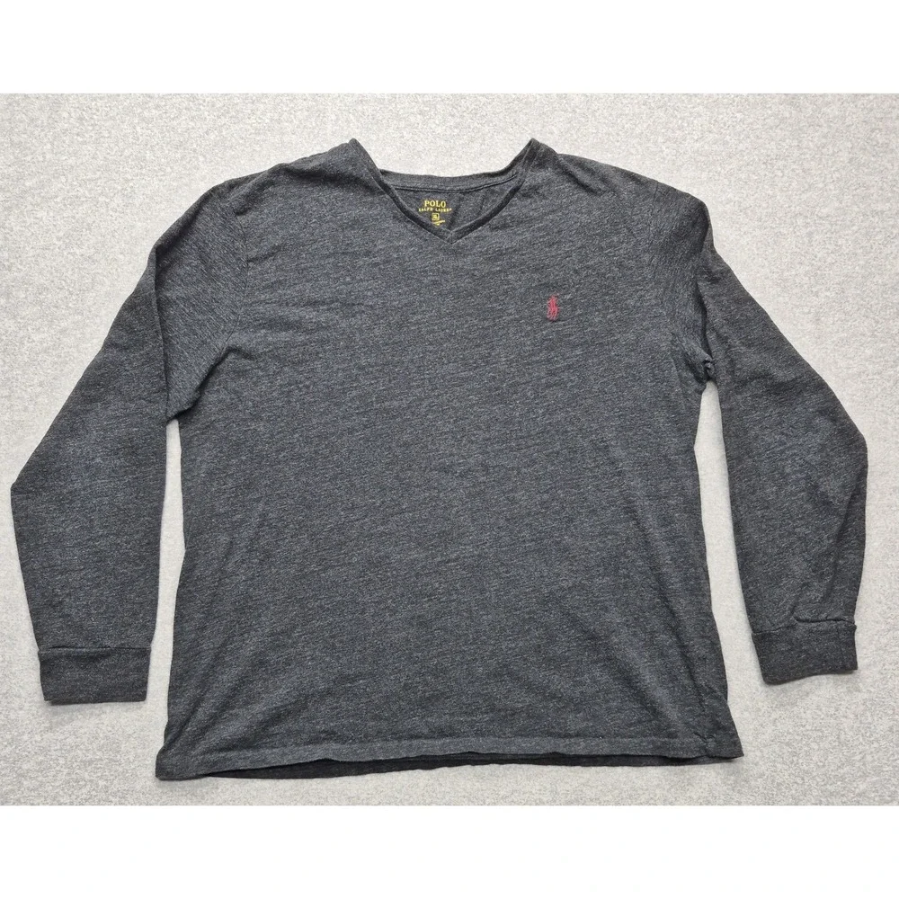 Polo Ralph Lauren Shirt Mens XL Charcoal Gray Cotton V-Neck Long Sleeve EUC